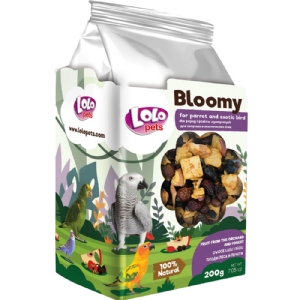 Lolo Bloomy snack med skov og plantefrugter til papegøjer og små eksotiske fugle 150 gr